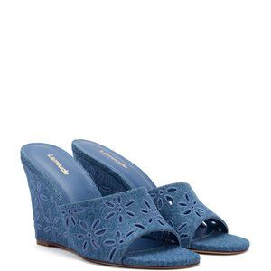 NIB JACKIE BLUE DENIM WEDGE PLATFORM SLIDE SANDALS by LARROUDE 7